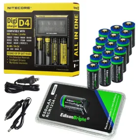 16 Pack EdisonBright EBR65 type 16340 rechargeable CR123A RCR123A 3.7v protected li-ion batteries with Nitecore D4 smart digital battery charger digicharger for home & car bundle