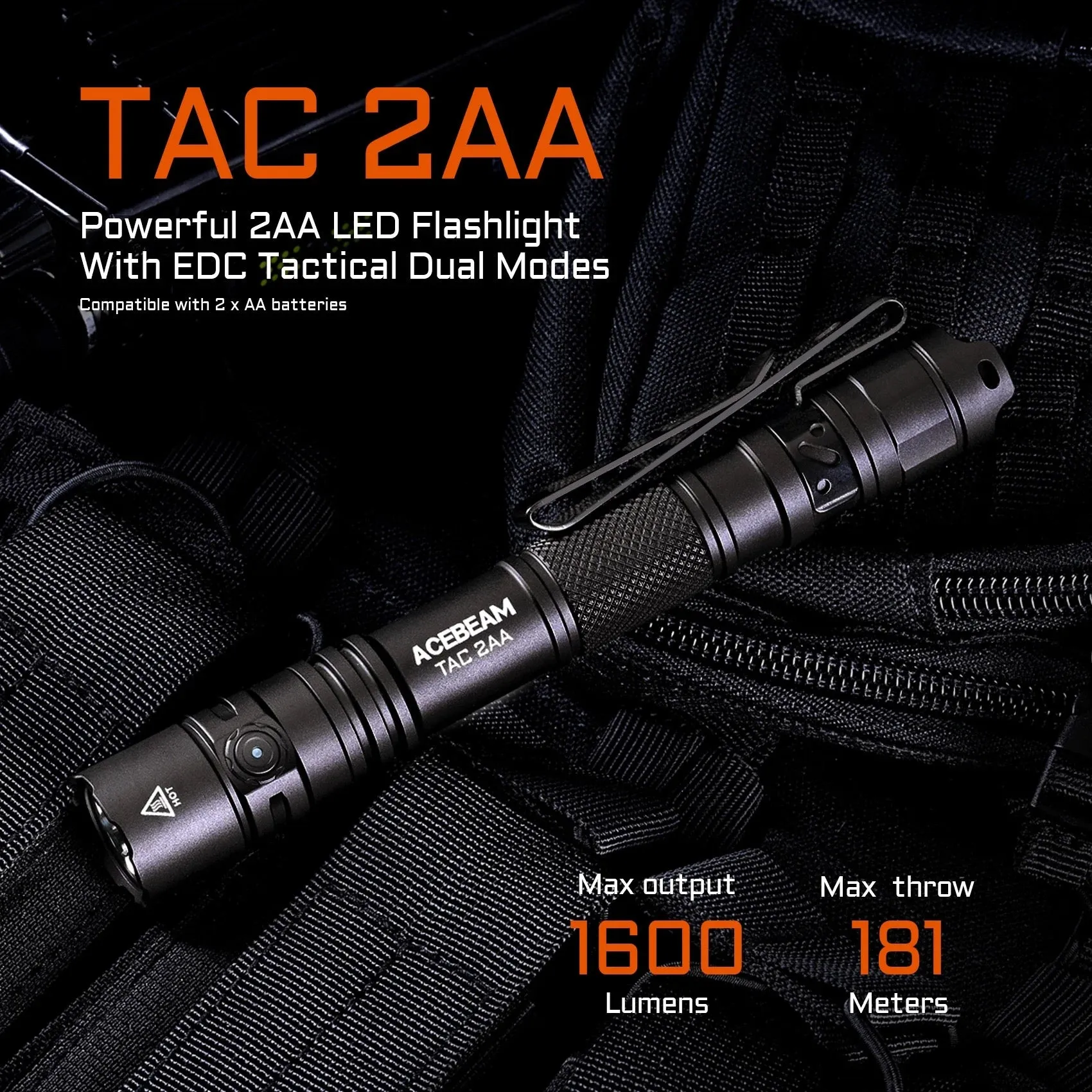 Acebeam TAC 2AA 1400 Lumen Dual Switch Tactical Pen Style Flashlight USB-C Rechargeable Battery Included - Orange