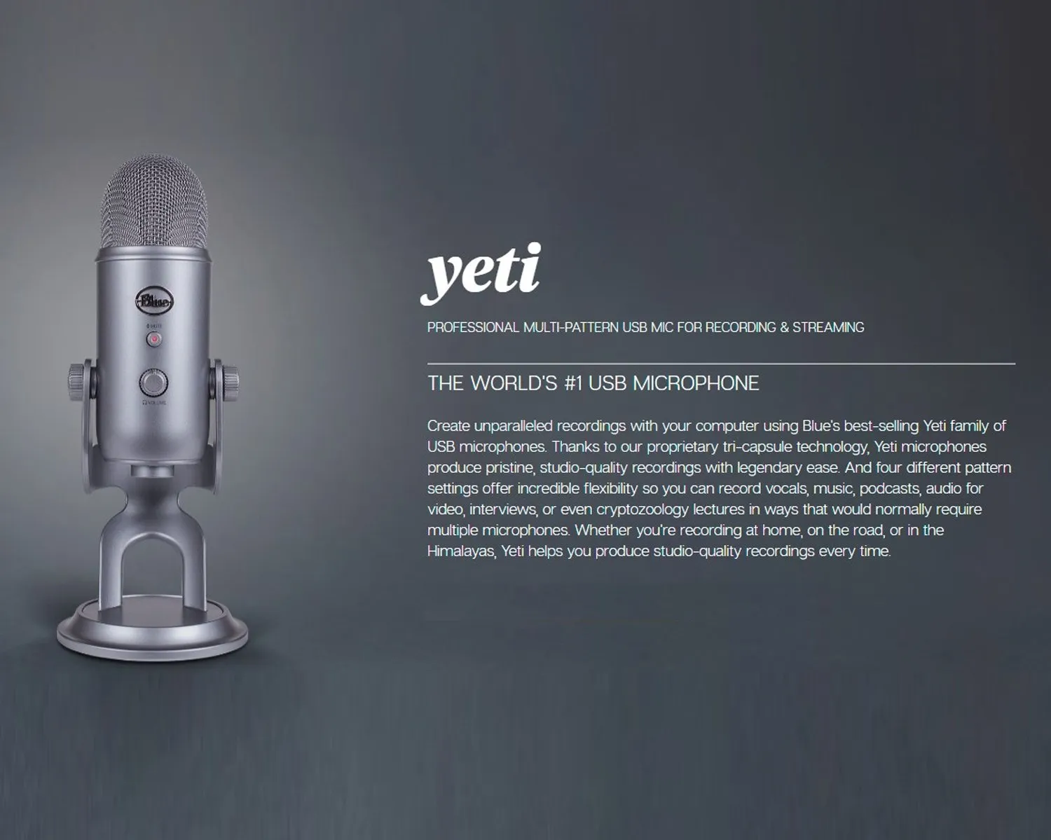 Blue Yeti 3 Capsule USB Microphone - Space Grey