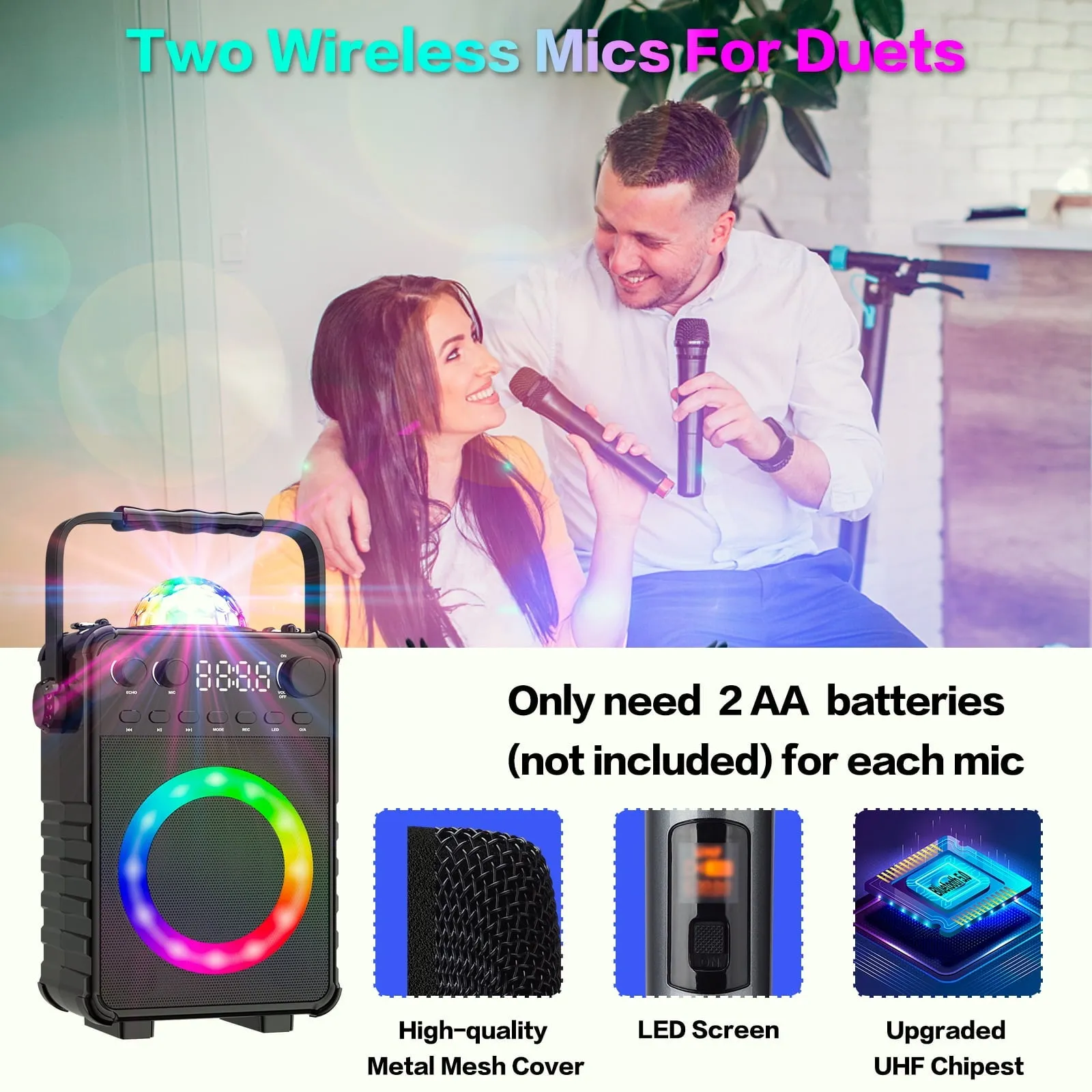 BONAOK Karaoke Machine with 2 Wireless Microphones, Portable Bluetooth Speaker with for Adults Kids Singing Machine with Disco LED Lights Gifts for Girls Boys Home Party