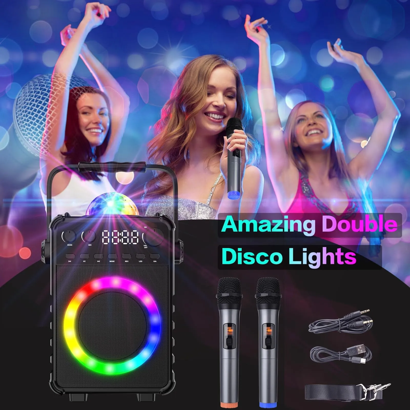 BONAOK Karaoke Machine with 2 Wireless Microphones, Portable Bluetooth Speaker with for Adults Kids Singing Machine with Disco LED Lights Gifts for Girls Boys Home Party