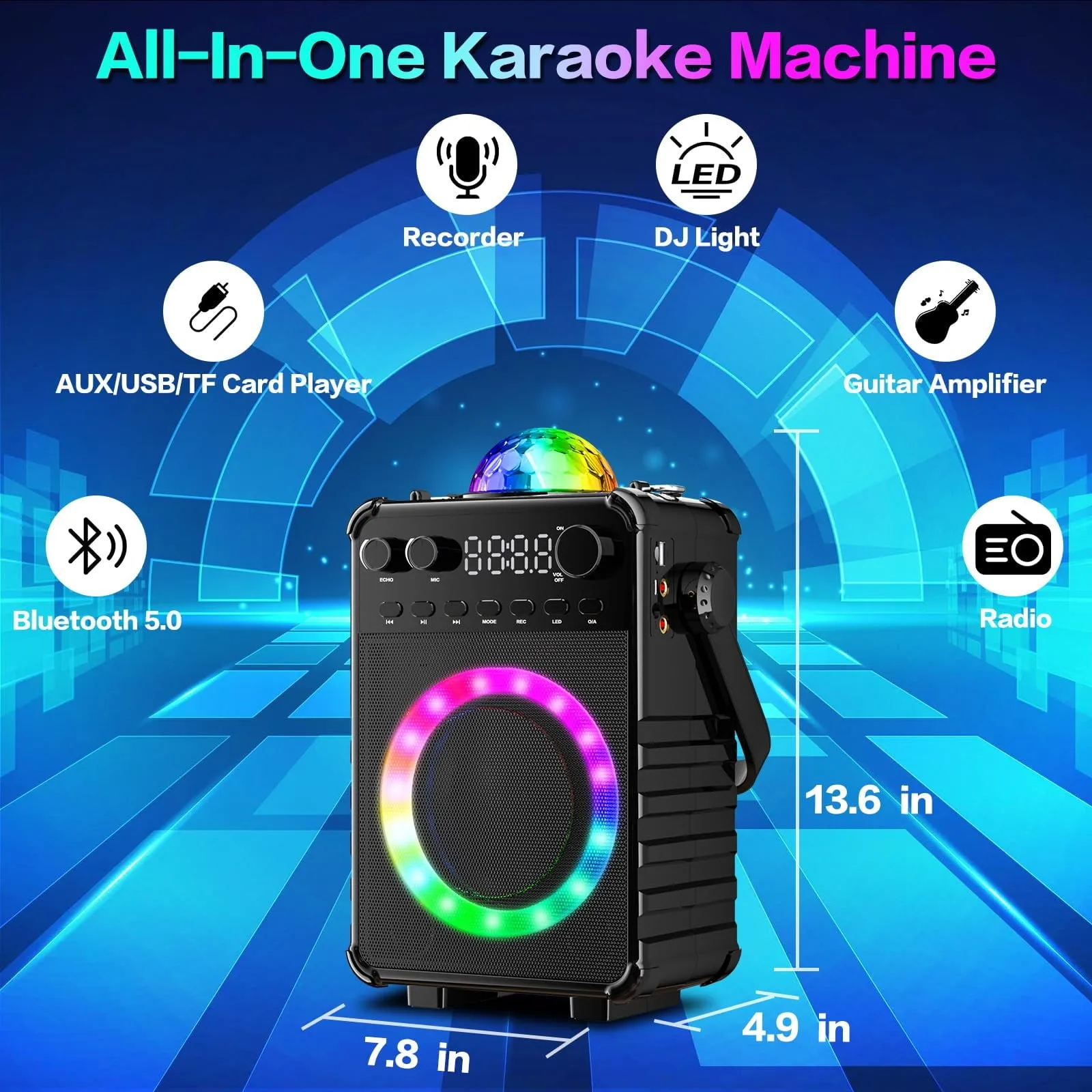 BONAOK Karaoke Machine with 2 Wireless Microphones, Portable Bluetooth Speaker with for Adults Kids Singing Machine with Disco LED Lights Gifts for Girls Boys Home Party