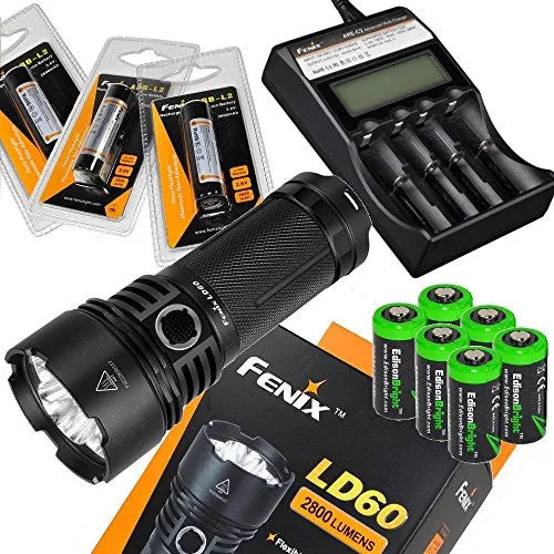 Fenix LD60 2800 Lumen triple CREE XM-L2 (U2) LED Flashlight with Fenix ARE-C2 battery charger, 3 X Fenix 18650 ARB-L2 rechargeable batteries and six EdisonBright CR123A Lithium batteries bundle