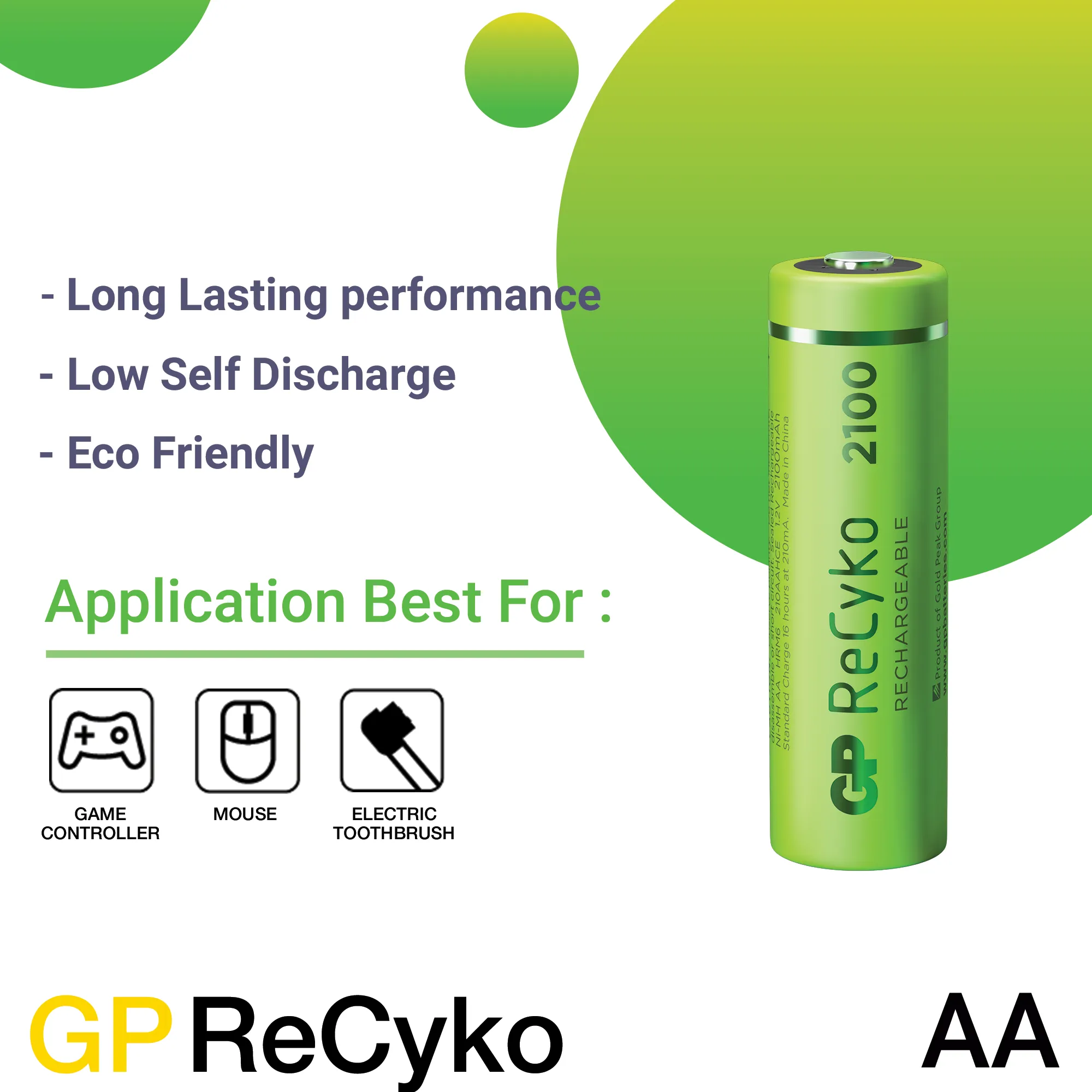 GP ReCyko  Rechargeable Batteries AA (2100mAh x 2/Pack)