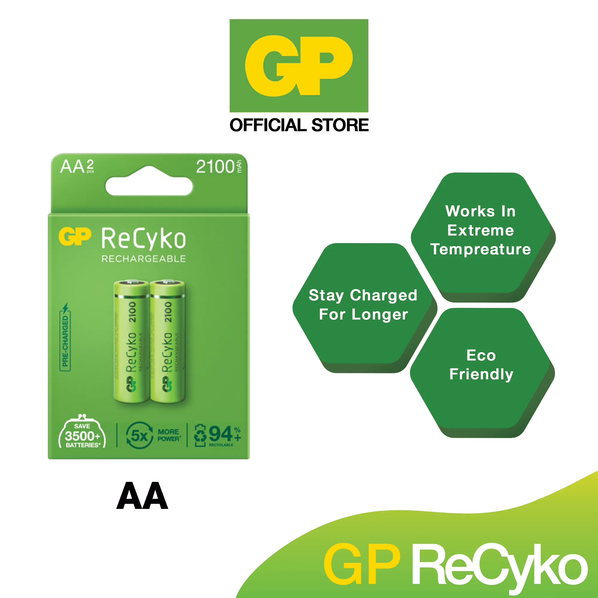 GP ReCyko  Rechargeable Batteries AA (2100mAh x 2/Pack)