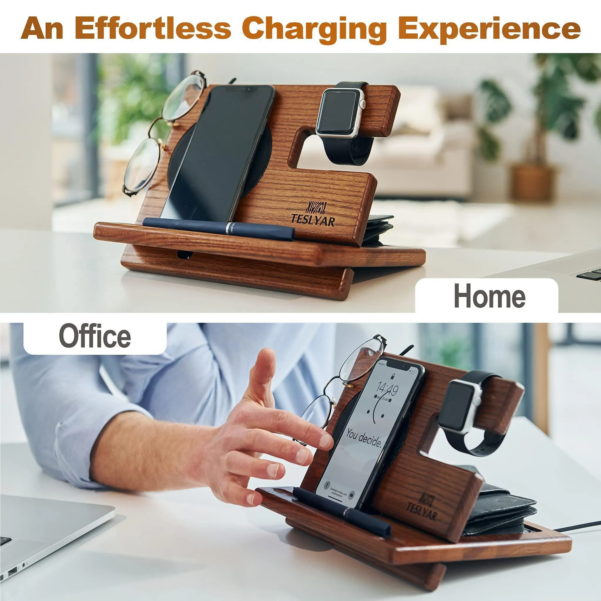 Phone Docking Station Ergonomic Wallet Stand Watch Organizer Natural Wooden Gift