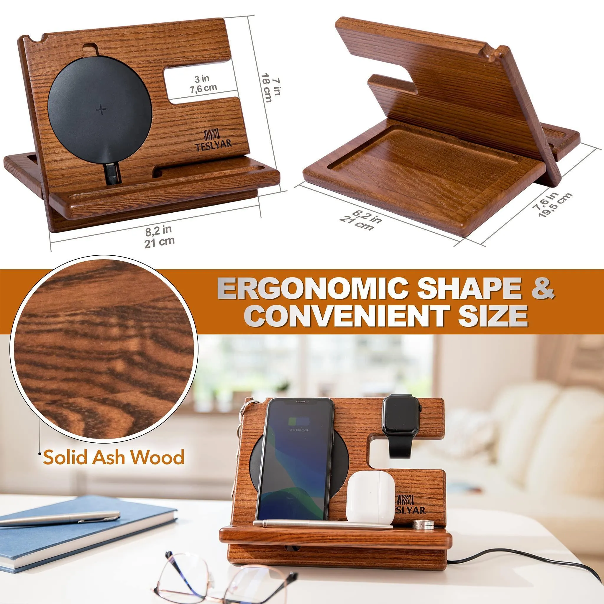 Phone Docking Station Ergonomic Wallet Stand Watch Organizer Natural Wooden Gift