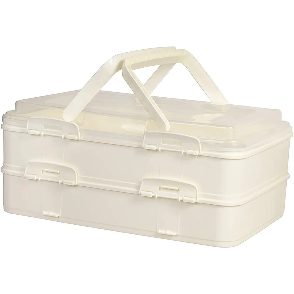 Red Co. White Rectangular 2 Tiered Pastry and Pie Carrying Box Folding Handle Multi Purpose Food Storage - 16.5" x 7" x 11.25"