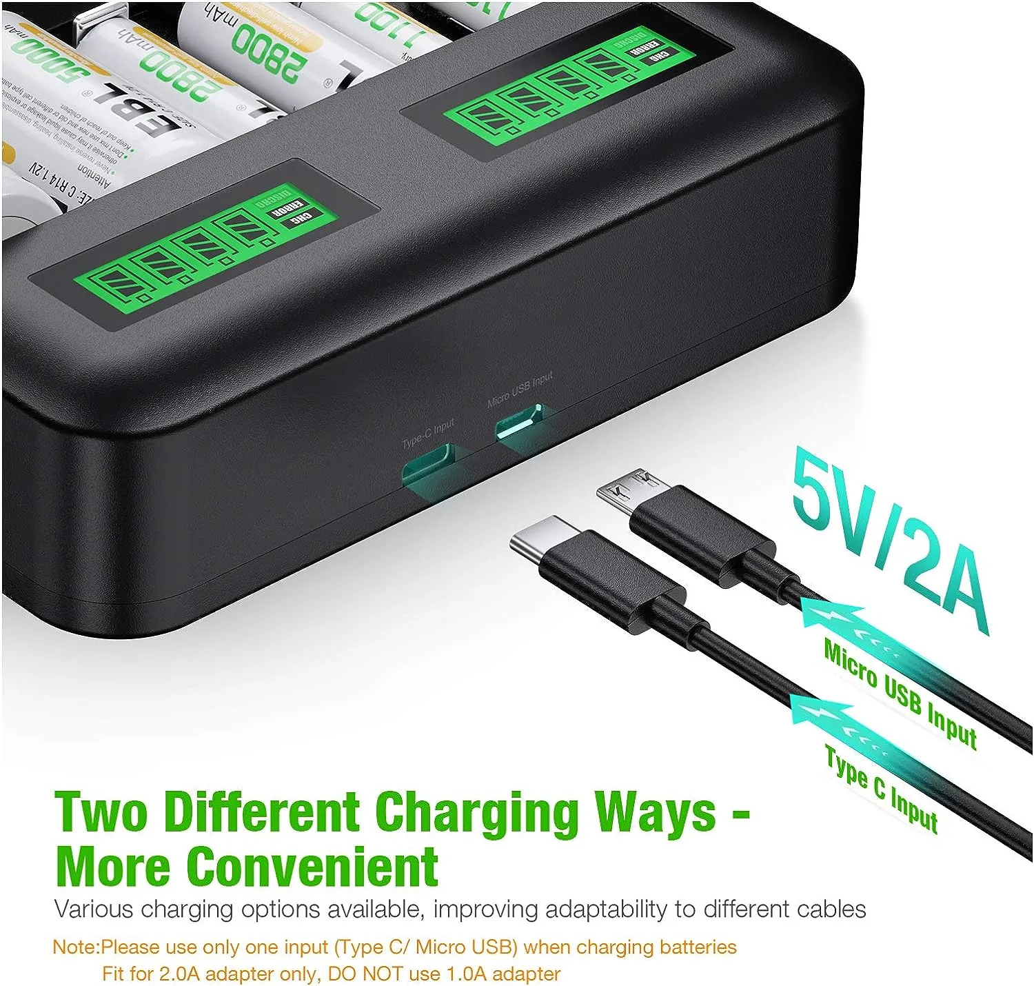 Universal Battery Charger - AA AAA C D Battery Charger for Rechargeable Batteries Ni-MH with 2A USB Port, Type C Input, Fast Charger